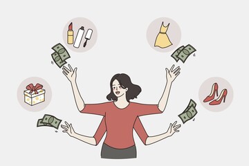 Wasting money and shopaholic concept. Young woman with many hands throwing money cash around her to buy different goods vector illustration Abstract vector wall art background. Minimalistic abstract wall art background for print. Scandinavian vector style