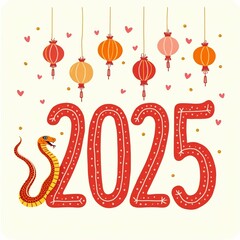 Chinese New Year Snake design in red and orange celebrating the 2025 Year, featuring traditional Asian patterns with New Year elements and lanterns  with copy space
