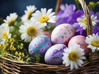 Fototapeta premium Vibrant-colored Easter eggs in a wicker basket, surrounded by delicate spring flowers, AI generated