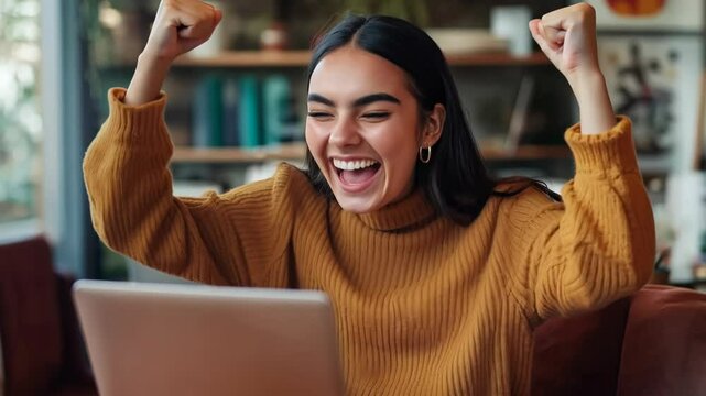 Young woman working with laptop computer and celebrating success.