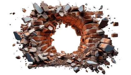 Broken brick wall isolated on transparent background