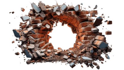 Broken brick wall isolated on transparent background