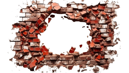 Broken brick wall isolated on transparent background