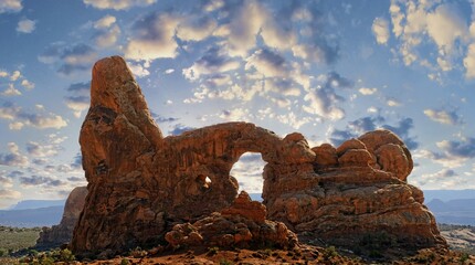 Turret Arch at sunset, stone column formed by erosion of red sandstone, Arches National Park, near Moab, Utah, USA, North America © Michael Rucker/imageBROKER
