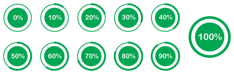 Pie chart icons collection from  0 to 100% in  green colors.  Set of circle percentage diagrams from 0 to 100 for infographics. User UI interface or infographic - indicator with black colors. 