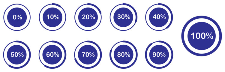 Pie chart icons collection from  0 to 100% in  blue colors.  Set of circle percentage diagrams from 0 to 100 for infographics. User UI interface or infographic - indicator with blue colors. 