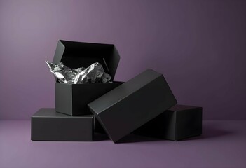 A minimalist arrangement of matte black gift boxes with silver accents, placed diagonally on a deep purple background. The boxes are partially open, revealing hints of metallic tissue paper inside. So