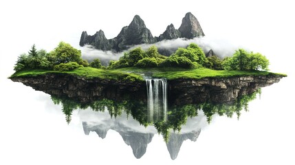 Isolated green island forest with trees, mountains, green grass, waterfall.High mountains and reflection on the water surface. Clouds over the rocks. Holidays and travel in summer 