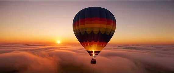 A delightful hot air balloon floating against a stunning sunset peppered with colors
