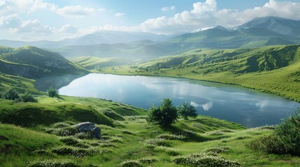 Fototapeta premium A serene mountain lake with green hills and a blue sky.