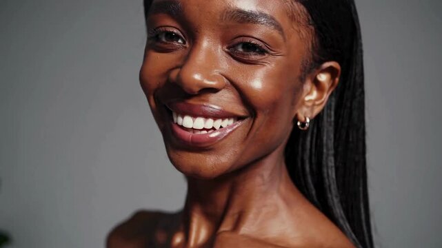 Beautiful African American woman with radiant skin wearing a simple Strapless white top with bare shoulders, looking in the camera and smile
