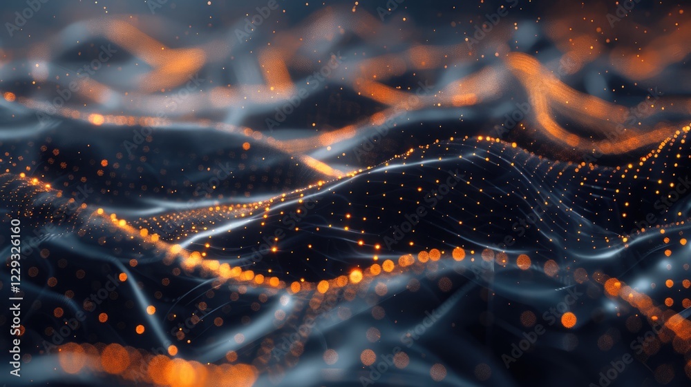 Poster this abstract tech background features flowing waves illuminated by vibrant light, creating a dynami