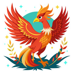 Fototapeta premium A stunning red bird phoenix takes flight in a whimsical atmosphere, displaying vibrant feathers and a majestic stance