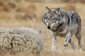 Wolf hunting sheep. KI generiert, generiert, AI generated
