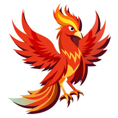 Fototapeta premium A radiant red phoenix, adorned with striking plumage, glides gracefully through a magical realm filled with wonder. Its majestic wings spread wide, showcasing its fiery colors