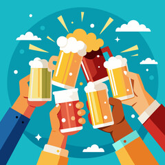 Friends unite in joy, raising their colorful beer mugs filled with frothy beverages, celebrating a special occasion under a bright blue sky with fluffy clouds