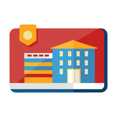 Fototapeta premium A hotel keycard displayed on a white background. The card features a colorful design with a graphic of a hotel building and a location icon. This visual represents accommodations