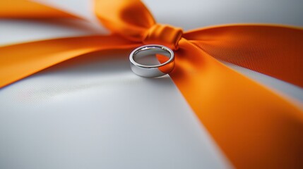 Silver Wedding Band on Orange Ribbon Bow