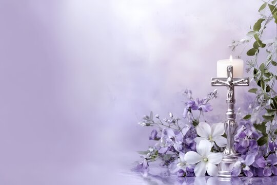 Elegant first communion template with candle and floral background for invitation design. Template with cross and violet flowers. Copy space