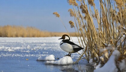 AI generates, animal, animals, bird, birds, biotope, habitat, a, individual, swims, water, reeds, water lilies, blue sky, foraging, wildlife, summer, seasons