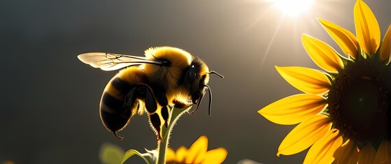 A detailed close up of a bumblebee collecting pollen from a bright sunflower highlighting textures in nature