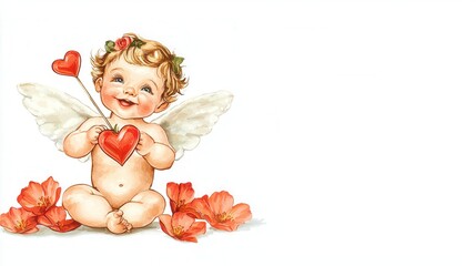 Smiling Cherubic Angel with Red Heart and Coral Flowers on White Background
