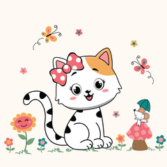 Title: Cute and sweet cat vector illustration with flowers, butterflies, and bees, playful and nature-inspired design