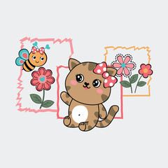 Title: Cute and sweet cat vector illustration with flowers, butterflies, and bees, playful and nature-inspired design