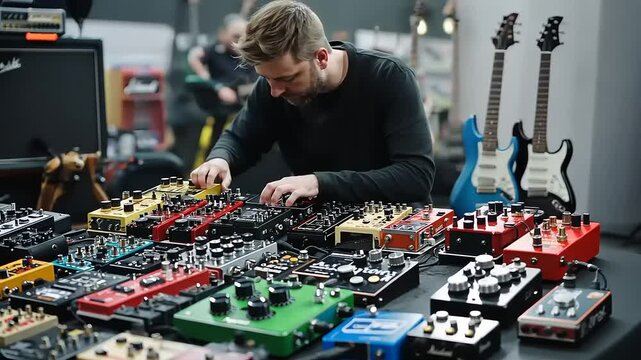 Musician at Work with an Array of Colorful Guitar Pedals