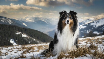 Ai generated, animal, animals, mammal, mammals, biotope, habitat, a, single animal, foraging, wildlife, dog, dogs, collie, herding sheep, British dog breed, longhair, longhair collie, herding dog, sheepdog, lassie, family dog, colourful, breed, pedigree dog, (Canis lupus familiaris), pet, domestic dog, winter, ice, snow, winter landscape