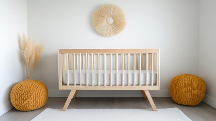 Obraz premium Scandinavian nursery, soft pastel tones, wooden crib, cozy textiles, natural materials, minimal decor