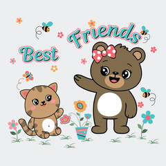 Cute animal characters playing happily together with a good friend, joyful bonding moment.
