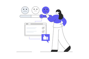 Customer satisfaction, review, feedback. Woman chooses a good smile for her reaction. Flat Cartoon Vector Illustration, icon. Stylish abstract