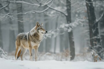Obraz premium Gray wolf (Canis lupus) stands in the snowy forest, radiating calm and vigilance, AI generated, AI generated