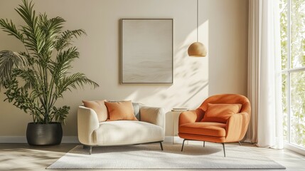 Elegant minimalist living room with an orange armchair, beige sofa, and ambient lighting under natural sunlight, AI generated
