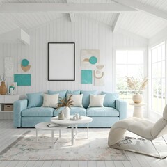 Fototapeta premium A bright and airy living room bathed in natural light from large,paned windows overlooking a lush garden. The room is anchored by a plush, light sectional sofa adorned with soft, neutral pillows.