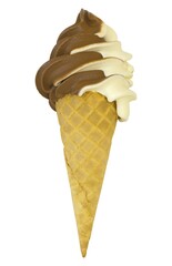Chocolate-vanilla soft ice cream in tapered cone, insulated