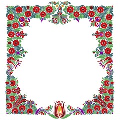 Hungarian folk style floral frame over white background with copy space
