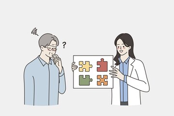 Mental health and aging concept. Young smiling doctor woman showing puzzle pieces to thinking frustrated mature elderly thinking man vector illustration Abstract vector wall art background. Minimalistic abstract wall art background for print. Scandinavian vector style