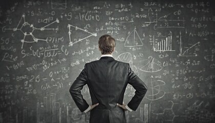 Businessman rear view with hands on hips thinking in front of a blackboard background written with different formulas and equations. Generative Ai, AI generated
