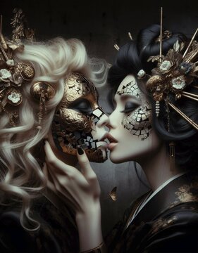 Two mirror female models with dark makeup, drawings and gold face art, traditional japanese ornaments, embracing each other, kiss tenderly with delicated passion, over a gradient balck white background, lgbt lesbian valentines day art, steampunk and shunga style, dark fantasy scene, ai generated, AI generated
