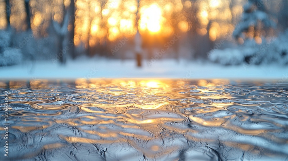 Aufkleber A frosted mirror surface captures the soft golden light of dawn, revealing intricate patterns while a serene winter landscape glistens in the background, creating a tranquil atmosphere