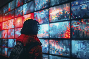 Fototapeta premium Woman observing multiple screens displaying various data and reflections, AI generated