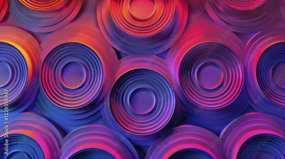 Poster vivid circular shapes forming an abstract pattern with a vibrant gradient of colors and dynamic text