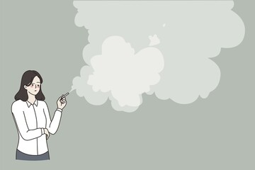 Unhealthy lifestyle and smoking concept. Young woman smoker standing smoking cigarette with lot of smoke on air vector illustration Abstract vector wall art background. Minimalistic abstract wall art background for print. Scandinavian vector style