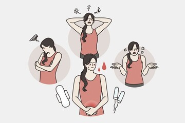 Pms and mood before menstruation concept. Young irritated woman cartoon character feeling depressed angry and pain in belly during periods vector illustration Abstract vector wall art background. Minimalistic abstract wall art background for print. Scandinavian vector style