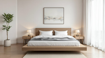 Serene Bedroom with Low Wooden Bed, Soft Lighting, and Minimalist Decor for a Calm and Inviting Retreat