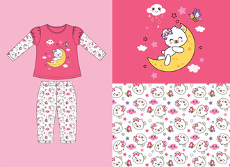 Girls t-shirt set with unique patterned pants and cute cartoon vector illustrations for stylish children’s fashion