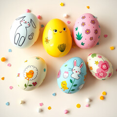 Fototapeta premium Colorful Easter Eggs with Cute Bunny and Chick Designs