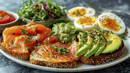 Vibrant breakfast plate with salmon, avocado, boiled eggs, and mixed greens on toast, AI generated